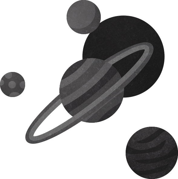 Simplistic drawing of 2 planets and 2 moons in grayscale